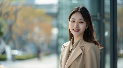A Young, Pretty Asian Businesswoman In A Beige Jacket Suit Poses With A Smile, Radiating Positivity And Determination, High Quality