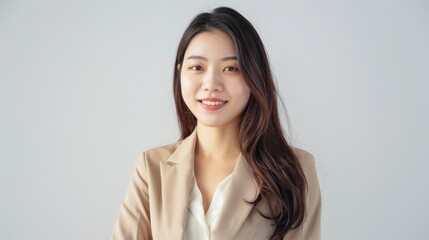 Fototapeta premium A Young, Pretty Asian Businesswoman In A Beige Jacket Suit Poses With A Smile, Radiating Positivity And Determination, High Quality