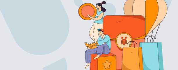 Holiday shopping people doing e-commerce online shopping flat vector concept operation hand drawn illustration
