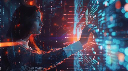 Digital technology, internet network connection, big data, digital marketing LOT internet of things. Woman using modern computer surfing internet futuristic metaverse, innovative technology background