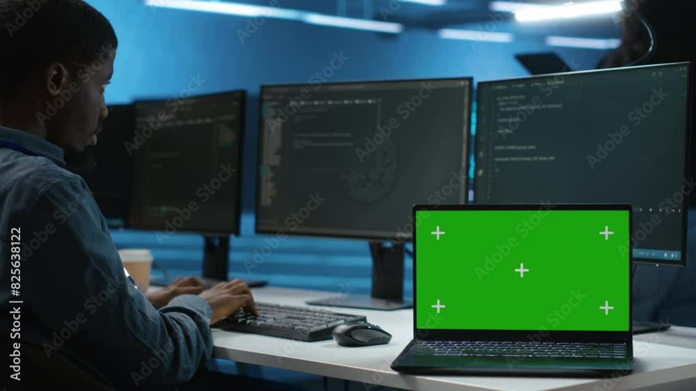 Poster isolated screen laptop next to programmer coding in server farm, ensuring valuable data remains shie
