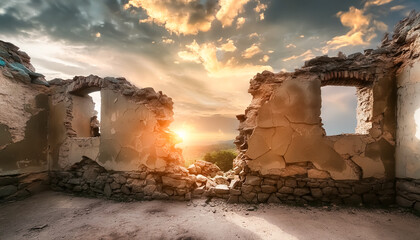crumbling, wall, house, fence, sun, stone, concrete, ancient, sunset, dawn, light, sunlight