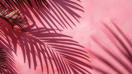 Obraz premium Palm leaf shadows on pink wall, Background for product advertisement, Summer tropical travel beach with minimal concept, Banner with copy space, generative ai