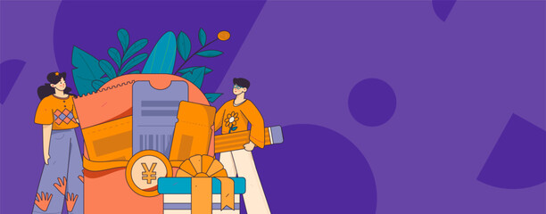 Naklejka premium Holiday shopping people doing e-commerce online shopping flat vector concept operation hand drawn illustration 
