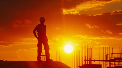 A silhouette of a hardworking construction worker is highlighted against the radiant glow of a bright orange sunset.