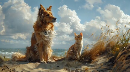 A dog standing on a sandy dune with a cat sitting next to it, both looking at the sea