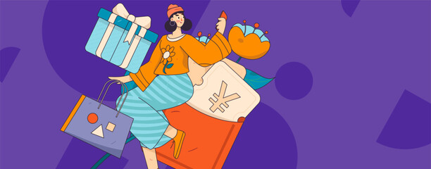 Holiday shopping people doing e-commerce online shopping flat vector concept operation hand drawn illustration
