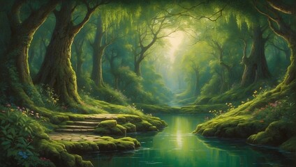 A world where a green background serves as the gateway to an enchanted forest in a vivid painting ai_generated