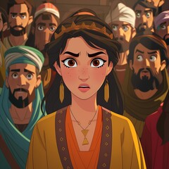 Experience the heartwarming cartoon where Queen Esther rallies her people with words of encouragement and unity in the face of a looming threat. Standing before a concerned crowd, her presence exudes 