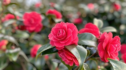 Vibrant Double Red Blooms of Camellia japonica C M Hovey