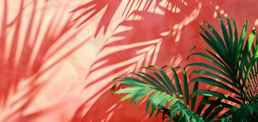 Green palm frond shadows on coral wall, Summer beach vibe, Minimalist background for ads, Tropical travel concept, generative ai
