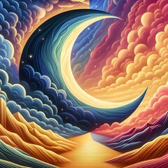 A painting of a moon in the shape of a crescent set against a vibrant sky.