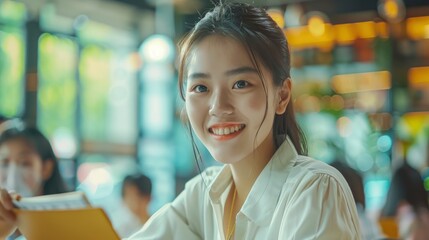 Obraz premium A Beautiful Young Asian Businesswoman Smiles As She Takes Notes At Her Desk, Demonstrating Focus And Diligence, High Quality