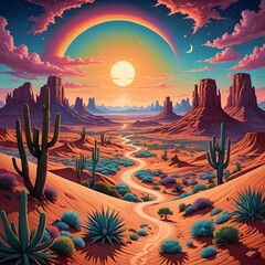 A painting of a desert scene with cactus trees and a rainbow.
