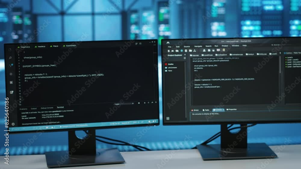 Poster computers in empty data center facility managing rackmounts energy consumption. close up of script o