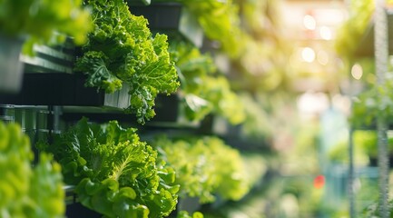 High-tech vertical farm with an array of grow shelves filled with green vegetables, representing the future of sustainable agriculture using technology for growing plants in indoor environments. 

