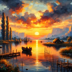 Painting of a sunset over a bay with boats and mountains.