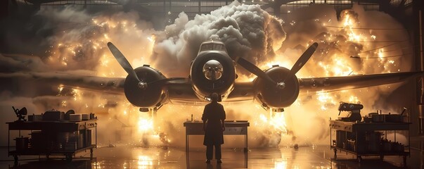 Craft a mesmerizing image featuring a chef cooking under a propeller at eye level Combine culinary ingredients with iconic aviation symbols Experiment with lighting to create a sur