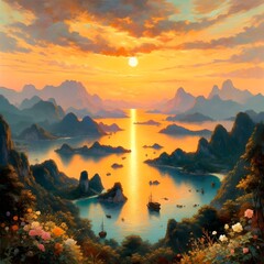 Painting of a sunset over a bay with boats and mountains.