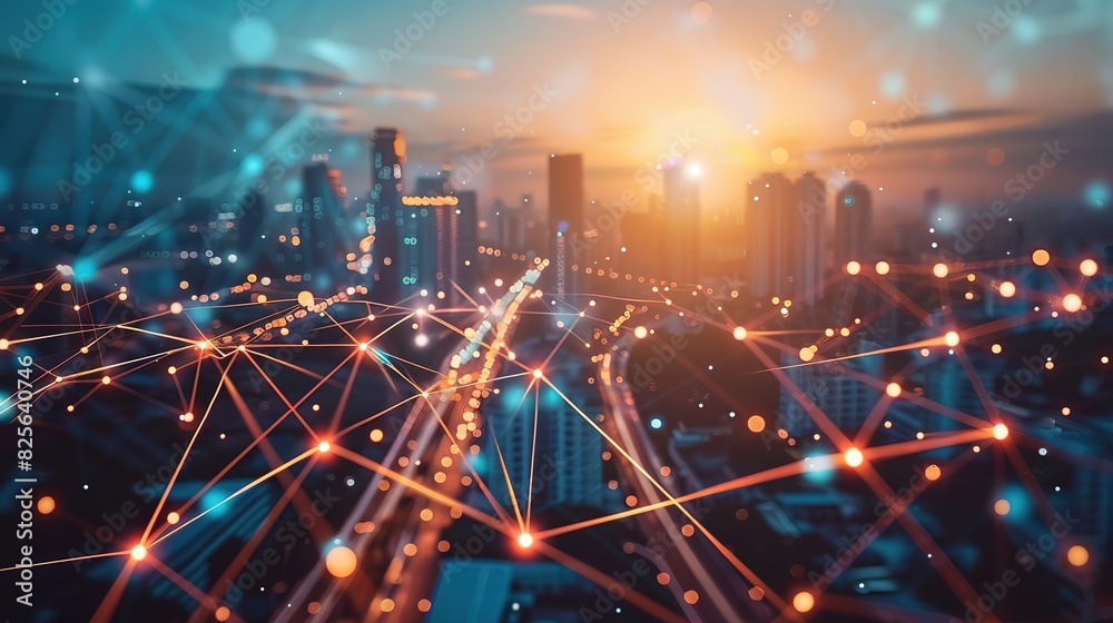 Poster smart city and abstract polygon pattern connection with speed line light, big data connection techno