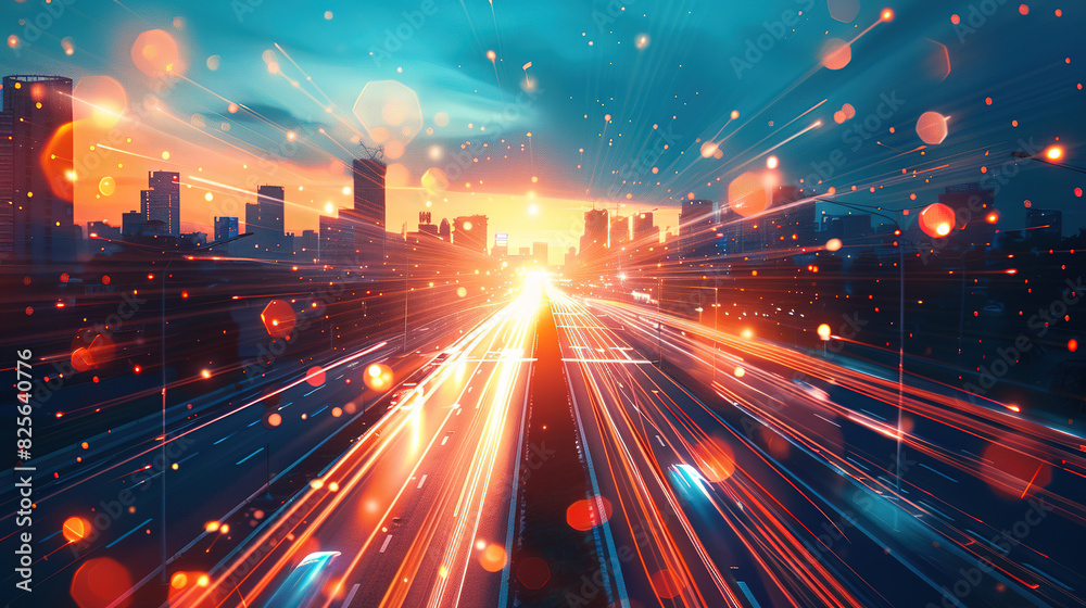Poster smart city and abstract polygon pattern connection with speed line light, big data connection techno