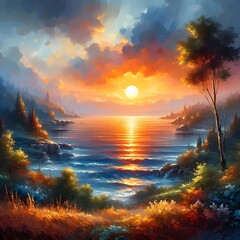 Illustration of a sunset scene by the lake showcasing a beautiful water reflection of the landscape.
