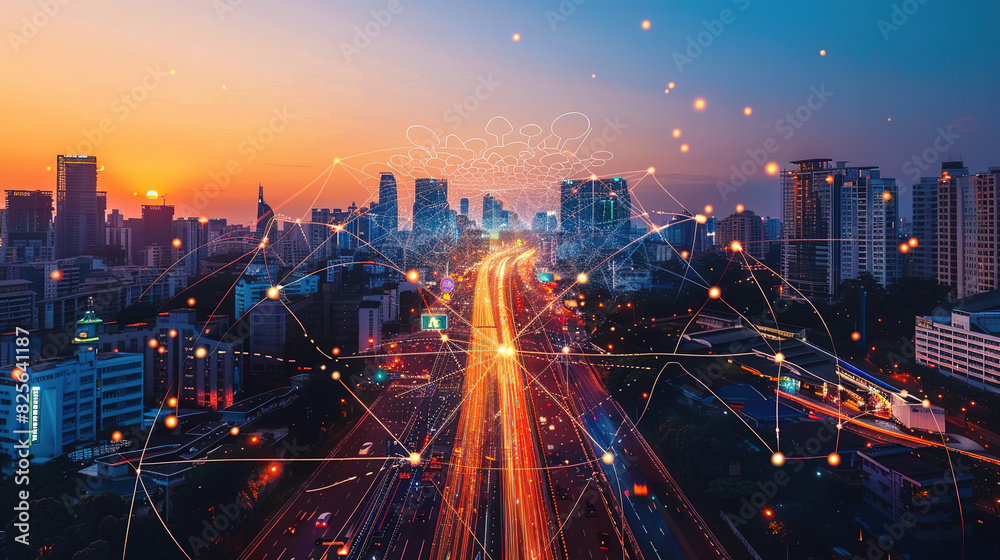 Poster smart city and abstract polygon pattern connection with speed line light, big data connection techno