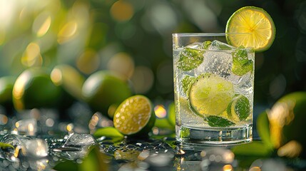 Refreshing gin tonic in a glass with ice and lemons on green background - Generative Ai