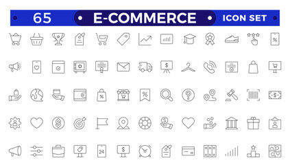E-commerce outline icon set. Online shopping and delivery elements.E-Commerce set of in-line style. for mobile apps. Business, shop, digital marketing, bank card, gifts, sale, delivery,money,discount