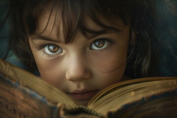 Close up of attractive child reading a book while looking at camera. Elementary student holding fairy tale novel book or bedtime stories with blurring background. Creative activity concept. AIG42. © InfiniteFlow