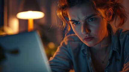A Concerned Female Worker Looks At A Laptop Screen Suspiciously, Highlighting Problem-Solving Skills And Attention To Detail, High Quality