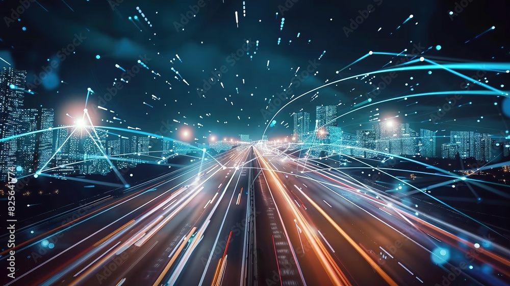 Poster smart city and abstract polygon pattern connection with speed line light, big data connection techno