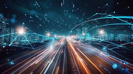 Smart city and abstract polygon pattern connection with speed line light, big data connection technology concept