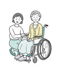車椅子の高齢女性と介助をする若い女性のイラスト