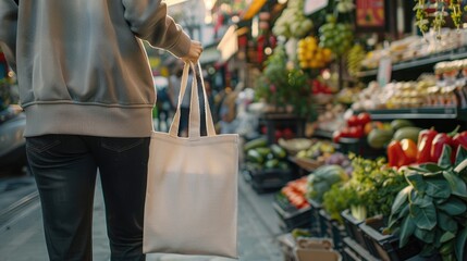 Close up of a white tote bag being carried by a person in a casual outfit in the market