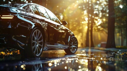 Perspective angle of a wheel car, A sedan car standing beautifully in the warm sunlight summer, Close up view from the road level from the wheel of the car