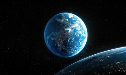 Obraz premium earth as seen from space at night, featuring a dark sky and a blue egg in the foreground