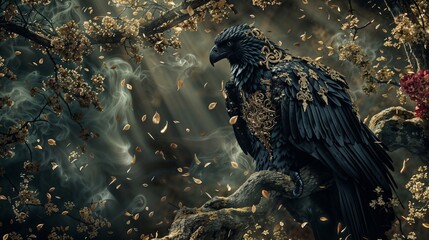 Naklejka premium Majestic Black Raven Adorned with Ornate Gold Set Against Mystical Forest