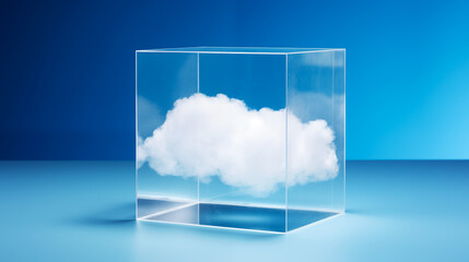 Cloud Encased in Glass Cube on Blue Background