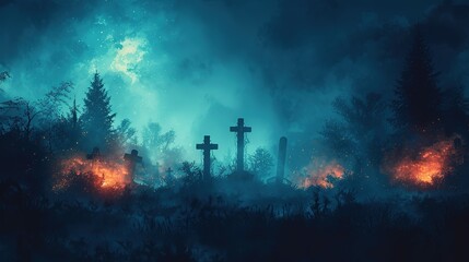 Fototapeta premium Ghostly Cemetery Halloween Abstract Backdrop