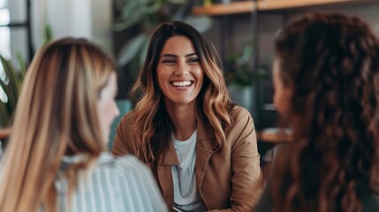 Fototapeta premium A Happy Insurance Agent Interacts With Her Customers In The Office, Fostering Positive Relationships And Trust, High Quality