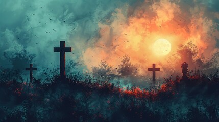 Macabre Graveyard Silhouette Halloween Setting