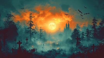 Obraz premium Macabre Graveyard Silhouette Halloween Setting