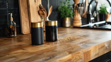 A wooden kitchen countertop with a black and gold seasoning container - Powered by Adobe