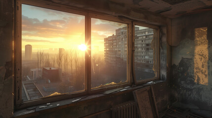 Fototapeta premium View of urban sunrise through broken window of abandoned building with cityscape in background