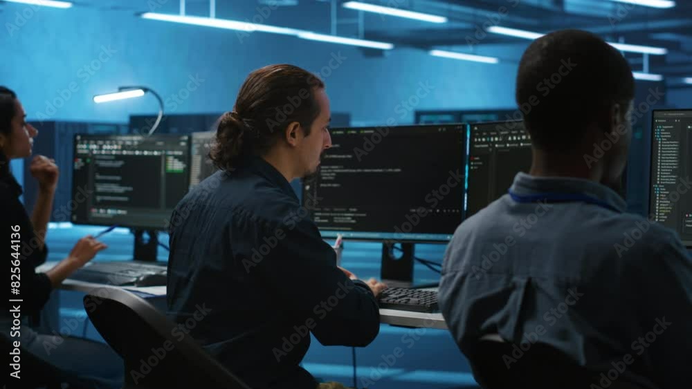 Poster multiracial coworkers in data center coding and checking parameters on computer. multiethnic team wo