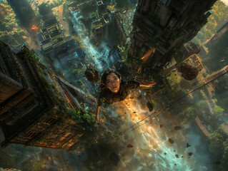 Female Adventurer Freefalling Through Futuristic Cityscape with Dynamic Lighting Effects