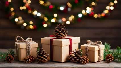 Festive Christmas and New Year Background with Gift Boxes, Pine Cones, and Bokeh Garlands