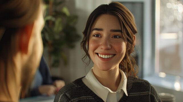 A Mid-Adult Female Social Worker Smiles Warmly As She Converses With Her Colleagues, Fostering A Supportive And Positive Work Environment, High Quality