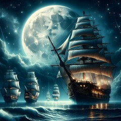 A ship in the ocean with a full moon in the background seen at close range.